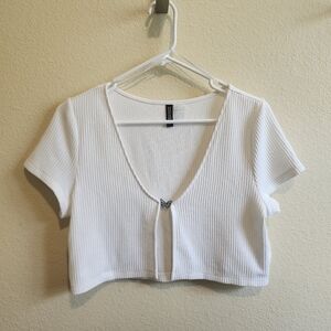 H&M White Ribbed Butterfly Tie Front Crop Blouse